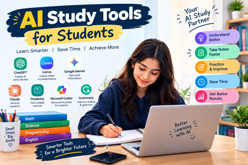 AI study tools for students, including ChatGPT, Canva, Google Gemini, Claude, Perplexity, Microsoft Copilot, and Grammarly.