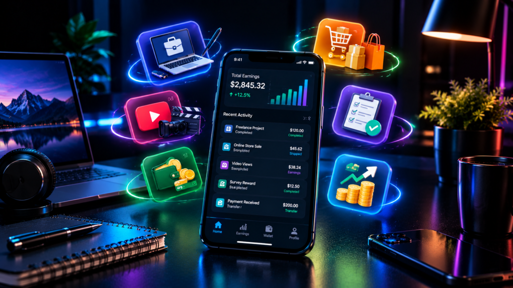 Premium dark tech workspace featuring a smartphone with digital earning dashboard, surrounded by glowing icons representing freelancing, online shopping, video creation, surveys, digital payments, and income growth, with a laptop and modern desk setup in the background.