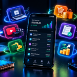 Premium dark tech workspace featuring a smartphone with digital earning dashboard, surrounded by glowing icons representing freelancing, online shopping, video creation, surveys, digital payments, and income growth, with a laptop and modern desk setup in the background.